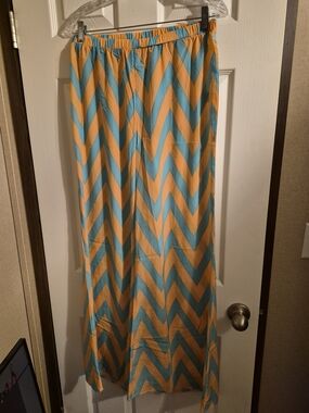 Pink Owl Wide-Leg Chevron Palazzo Pants - Yellow & Teal